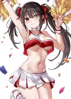 1girl alternate_costume armpits arms_up asle asymmetrical_hair bare_shoulders black_hair breasts cheerleader choker closed_mouth collarbone commentary_request confetti cowboy_shot date_a_live hair_ribbon heterochromia highres holding holding_pom_poms looking_at_viewer medium_breasts midriff miniskirt navel pleated_skirt pom_pom_(cheerleading) pom_poms red_eyes ribbon skirt smile solo stomach sweat tokisaki_kurumi twintails underboob white_choker wristband yellow_eyes