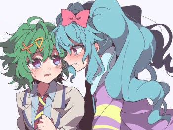 2girls angry blazer blue_hair bow brown_jacket collared_shirt commentary_request diagonal-striped_clothes diagonal-striped_necktie dual_persona green_hair grey_shirt hair_bow hair_ornament hairclip hood hoodie idol_land_pripara jacket long_hair long_sleeves looking_at_another messy_hair multiple_girls necktie nervous nojima_minami open_mouth pink_bow pretty_series pripara profile purple_eyes purple_hoodie shirt short_hair simple_background striped_clothes twintails white_background x_hair_ornament