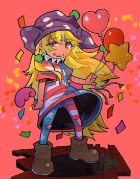 1girl absurdres american_flag american_flag_dress american_flag_legwear american_flag_print balloon blonde_hair boots brown_boots clownpiece commentary_request confetti flag_print floating_hair full_body half-closed_eye hat heart_balloon highres holding holding_balloon inuyama_konan jester_cap long_hair open_mouth pink_background purple_hat red_eyes smile solo star_balloon touhou very_long_hair