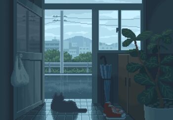 animated animated_gif building bush cat day from_inside guard_rail indoors looking_outside looping_animation mejwh mountainous_horizon no_humans open_door original overcast pixel_art plant potted_plant power_lines rain red_shoes shoes simple_bird sky umbrella utility_pole wind window