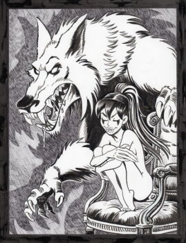 1boy 1girl armchair arms_between_legs batsy_(wulf_&amp;_batsy) black_hair breasts bryan_baugh cevin_wulf_orlock_(wulf_&amp;_batsy) chair closed_eyes drooling fangs lips long_hair nude on_chair original ponytail saliva shadow sitting size_difference smile vampire werewolf wulf_&amp;_batsy