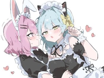 2girls amaori_renako animal_ear_hairband animal_ears apron black_dress blue_hair blush cat_ear_hairband cat_ears closed_mouth commentary dress fake_animal_ears hairband heart highres koyanagi_kaho maid maid_apron maid_headdress medium_hair mesugakisaikou multiple_girls open_mouth pink_hair purple_eyes rabbit_ear_hairband rabbit_ears simple_background watashi_ga_koibito_ni_nareru_wake_naijan_murimuri! white_apron white_background white_headdress yellow_eyes yuri
