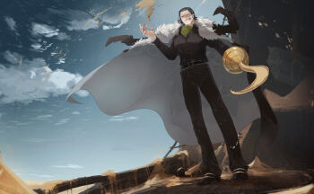 1boy ascot black_cape black_hair black_pants black_shirt black_shoes blue_sky cape cigar commentary_request cotton_(lana_de_lingo) crocodile_(one_piece) fur-trimmed_cape fur_trim green_ascot hook_hand male_focus mature_male on_ship one_piece pants sand shirt shoes short_hair sky smoke smoke_trail smoking solo standing