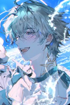 1boy :d absurdres black_choker blue_eyes blush choker collarbone commentary day grey_hair hair_between_eyes highres honkai:_star_rail honkai_(series) kkuekkue_(chifer1958) male_focus neck_tattoo open_mouth outdoors phainon_(honkai:_star_rail) portrait shirt short_hair smile solo symbol-only_commentary tattoo