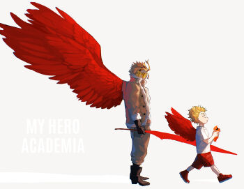 Rule 34 | 1boy, absurdres, age comparison, azisaiharumaki56, black boots, blonde hair, boku no hero academia, boots, brown jacket, brown pants, commentary request, doll, endeavor (boku no hero academia), feathered wings, full body, fur-trimmed jacket, fur trim, hawks (boku no hero academia), headphones, highres, holding, holding doll, jacket, male focus, pants, red shoes, red wings, shirt, shoes, tinted eyewear, white shirt, wings