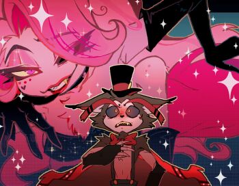 1boy angel_dust breasts crossdressing drag_queen dress elbow_gloves enigma_(nig69) gloves hazbin_hotel hellaverse highres husk_(hazbin_hotel) large_breasts long_hair looking_at_viewer pink_hair purple_gloves red_dress side_slit smile thighs