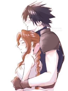 1boy 1girl aerith_gainsborough armor black_gloves blue_sweater blush breasts brown_hair closed_eyes commentary_request couple crisis_core_final_fantasy_vii dress final_fantasy final_fantasy_vii from_side gloves hair_ribbon hatidoricrisp highres hug hug_from_behind long_hair parted_lips pink_ribbon profile ribbon short_hair shoulder_armor simple_background sleeveless sleeveless_dress sleeveless_turtleneck small_breasts spiked_hair sweater turtleneck turtleneck_sweater upper_body white_background white_dress zack_fair