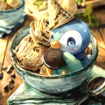 artist_name blue_eyes bowl chocolate commentary cookies_&amp;_cream eating fluffybiscotti food food-themed_hat gen_4_pokemon ice_cream ice_cream_cone leaf nintendo no_humans oreo piplup pokemon pokemon_(creature) pokemon_focus sitting spoon