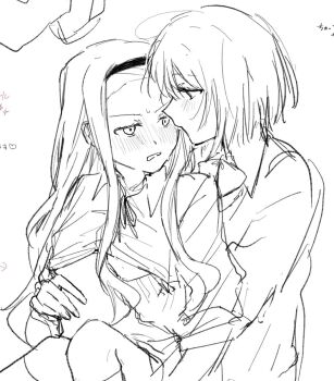 2girls blush clothes_lift collared_shirt commentary dress_shirt from_side grabbing_from_behind groping hairband hand_on_another's_stomach hand_under_clothes hand_under_shirt highres kirarazaka_marina kneehighs kuze_shizuka lifting_another's_clothes long_hair long_sidelocks looking_at_another mobudeshi monochrome multiple_girls profile school_uniform shirt shirt_lift short_hair sidelocks sitting sketch socks symbol-only_commentary takopii_no_genzai wavy_mouth yuri