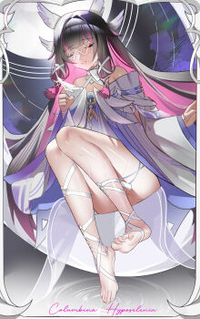 1girl absurdres bare_shoulders barefoot black_hair character_name closed_eyes columbina_(genshin_impact) commentary_request dress eye_mask feathers genshin_impact head_wings highres long_hair mask multicolored_hair pink_hair ribbon ripples sitting smile solo white_dress white_ribbon wings xiaojuan_(user_ezvt7287)