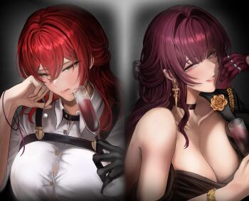 2girls absurdres black_choker black_dress black_gloves breasts champagne_flute choker cleavage commentary cup dress drinking_glass earrings gloves highres himeko_(honkai:_star_rail) holding holding_cup honkai:_star_rail honkai_(series) jewelry kafka_(honkai:_star_rail) kystery large_breasts long_hair medium_hair multiple_girls purple_gloves red_hair single_glove white_dress