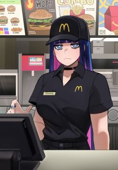 1girl baseball_cap black_choker black_hat black_shirt blue_eyes blue_hair blue_nails breasts bright_pupils choker closed_mouth colored_inner_hair commentary english_commentary hat highres indoors jourd4n long_hair looking_at_viewer mcdonald's menu multicolored_hair name_tag panty_&amp;_stocking_with_garterbelt pink_hair shirt solo stocking_(psg) t-shirt upper_body white_pupils