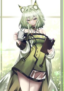 1girl absurdres animal_ear_fluff animal_ears arknights book breasts closed_mouth coffee_mug collarbone commentary_request cup day dress green_dress green_eyes grey_hair hair_intakes highres holding holding_book holding_cup indoors jacket kal&#039;tsit_(arknights) long_sleeves looking_at_viewer medium_breasts mug off-shoulder_jacket off_shoulder puffy_long_sleeves puffy_sleeves seabread see-through_clothes see-through_dress solo standing sunlight v-shaped_eyebrows white_jacket window
