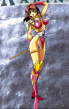 1990s_(style) 1996 1girl arm_up brown_eyes brown_hair choujin_gakuen_gowcaizer cosplay highres leotard oobari_masami retro_artstyle ruyi_jingu_bang shiny_skin son_karin spandex sun_hualing sun_wukong_(cosplay)