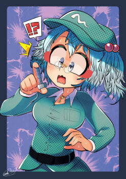 Rule 34 | !?, 1girl, :o, belt, bespectacled, black belt, blue eyes, blue hair, blue shirt, blue skirt, bolt (hardware), border, carte, commentary request, crossed bangs, double-parted bangs, eyeshadow, glasses, green border, green hat, hair between eyes, hair bobbles, hair ornament, halftone, hat, highres, holding, jewelry, kawashiro nitori, key, key necklace, lightning background, long shirt, looking down, makeup, messy hair, necklace, open mouth, orange eyeshadow, pince-nez, purple background, shirt, short hair, signature, skirt, solo, speech bubble, spoken interrobang, sweatdrop, touhou, two side up, upper body