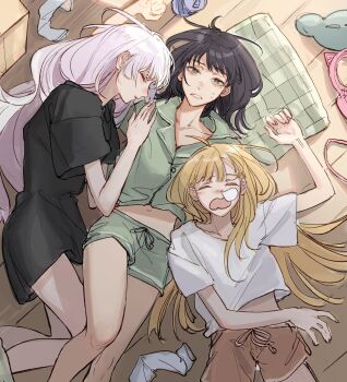 3girls ahoge black_hair blonde_hair can cho_kaguya-hime! deerwhisky green_eyes green_shirt green_shorts headphones highres kaguya_(cho_kaguya-hime!) long_hair midriff mole mole_under_eye multiple_girls navel nose_bubble open_mouth orange_shorts pajamas pillow runami_yachiyo sakayori_iroha shirt shorts sleeping socks unworn_headphones unworn_socks white_hair white_shirt yuri