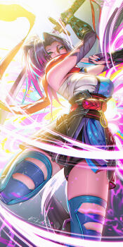 1girl arm_up blue_nails breasts chest_sarashi commentary fingerless_gloves gloves hand_up highres holding holding_sword holding_weapon large_breasts liang_xing long_hair looking_at_viewer marvel marvel_rivals multicolored_hair pink_hair psylocke purple_gloves purple_hair sarashi signature solo sword weapon