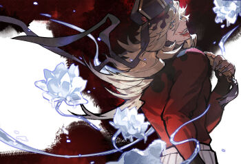 Rule 34 | 1boy, blonde hair, blood, blood from mouth, chinese commentary, commentary request, douma (kimetsu no yaiba), hair between eyes, highres, kimetsu no yaiba, long hair, looking at viewer, male focus, olivia730, patterned hair, red shirt, shirt, smile, solo, teeth, tight clothes, tight shirt, toned, toned male