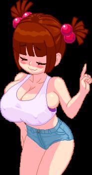 1girl :3 air-strip_angel animated bare_shoulders blair_(air-strip_angel) blunt_bangs blush_stickers bra breasts bursting_breasts cleavage closed_eyes collarbone covered_erect_nipples denim denim_shorts female_focus hair_bobbles hair_ornament hand_up huge_breasts oppai_loli pixel_art pointing purple_bra red_hair shiny_skin short_hair short_shorts short_twintails shorts smile solo sprite standing talking tank_top tim-buktu transparent_background twintails undersized_breast_cup undersized_clothes underwear