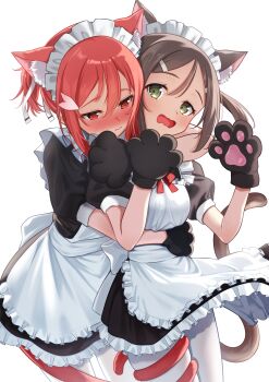 2girls absurdres alternate_costume animal_ear_fluff animal_ears animal_hands apron black_dress black_gloves blush bow breasts brown_hair cat_ears cat_girl cat_paws cat_tail closed_mouth dress enmaided frilled_apron frilled_dress frills gloves green_eyes hair_between_eyes hair_ornament hair_ribbon hairclip hands_up highres hug hug_from_behind long_hair maid maid_apron maid_headdress medium_breasts miyoshi_karin mn_(tk-xyz) multiple_girls nose_blush open_mouth pantyhose paw_gloves ponytail puffy_short_sleeves puffy_sleeves red_bow red_eyes red_hair red_ribbon ribbon short_hair short_sleeves sidelocks simple_background standing tail tail_wrap twintails waist_apron wavy_mouth white_apron white_background white_pantyhose white_ribbon yuri yuuki_yuuna yuuki_yuuna_wa_yuusha_de_aru yuusha_de_aru