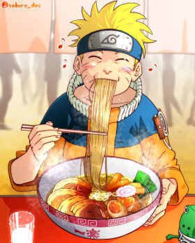 1boy absurdres blonde_hair blush bowl chopsticks closed_eyes collarbone eating facial_mark food forehead_protector from_front glass highres holding holding_chopsticks jacket japanese_text konohagakure_symbol long_sleeves musical_note naruto_(classic) naruto_(series) noodles noren orange_jacket ramen restaurant saburo_des spiked_hair steaming_food uzumaki_naruto whisker_markings