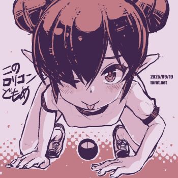 1girl ;p all_fours alternate_hairstyle backbeako_(torotei) backbeard blush breasts closed_mouth commentary dated dated_commentary double_bun gegege_no_kitarou gym_shirt hair_bun hair_over_one_eye kono_lolicon_domome looking_at_viewer monochrome one_eye_closed original paid_reward_available pink_background pink_theme pointy_ears shirt shoes short_hair short_sleeves simple_background small_breasts smile sneakers solo tongue tongue_out torotei translated watermark web_address