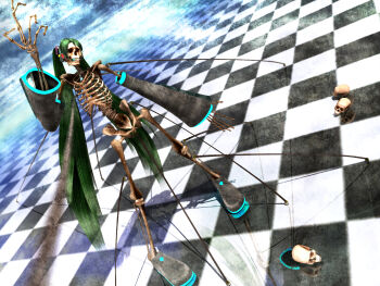 1girl 2009 3d bone checkered_floor deino_(deino3330) detached_sleeves dutch_angle green_hair hatsune_miku leg_warmers long_fingers long_hair pelvis reflective_floor skeleton skull solo spine twintails very_long_hair