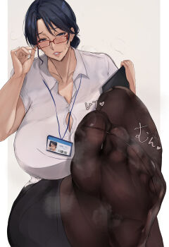 1girl absurdres adjusting_eyewear black_eyes black_hair blush breasts crossed_legs feet glasses highres lanyard large_breasts long_hair looking_at_viewer mature_female mika_l office_lady pantyhose parted_lips soles steam sweat toes