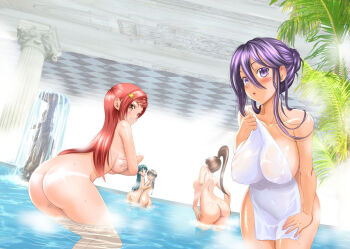 Rule 34 | 5girls, :o, ass, bath, bathing, bathroom, bent over, black hair, blush, breasts, brown hair, character request, commentary request, covered erect nipples, covering breasts, covering privates, cowboy shot, green hair, hair between eyes, hair bun, high ponytail, holding, indoors, kido ayame (kimi wa 008), kimi wa 008, large breasts, long hair, looking at viewer, matsuena shun, multiple girls, naked towel, nude, official art, partially submerged, ponytail, purple eyes, purple hair, red eyes, red hair, same-sex bathing, see-through clothes, shared bathing, single hair bun, standing, steam, thighs, towel, wet