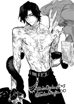 1boy animal arm_tattoo belt bird book cane chest_tattoo closed_mouth devil_may_cry_(series) devil_may_cry_5 fingerless_gloves gloves greyscale hand_up highres holding holding_book holding_cane jewelry male_focus monochrome necklace ogata_tomio pants short_hair simple_background single_fingerless_glove solo tattoo topless_male v_(devil_may_cry)