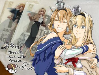 Rule 34 | 2girls, blonde hair, blue capelet, blue eyes, braid, capelet, commentary request, crown, dated, dress, earrings, half up braid, hug, jewelry, kantai collection, low ponytail, mini crown, multiple girls, photo background, ponytail, signature, thank you, upper body, valiant (kancolle), valiant (lawson) (kancolle), warspite (kancolle), warspite (lawson) (kancolle), white dress, yamada rei (rou)
