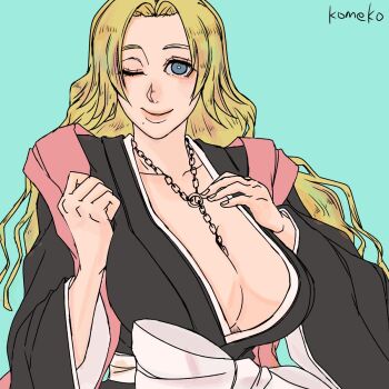 1girl bleach blonde_hair blue_eyes breasts cleavage collarbone komeko_(strikek-lvvjm27) large_breasts long_hair looking_at_viewer matsumoto_rangiku mole mole_under_mouth one_eye_closed shihakusho smile solo