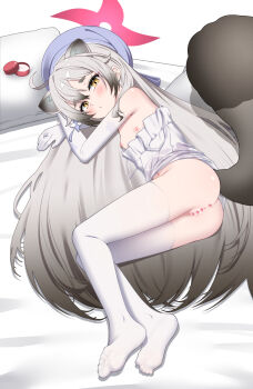 1girl absurdres animal_ears blue_archive censored chinese_commentary commentary_request elbow_gloves gloves grey_hair halo heart heart_censor highres loli long_hair lying michiru_(blue_archive) michiru_(dress)_(blue_archive) multicolored_hair nipples official_alternate_costume otakummm pussy solo tail thighhighs white_thighhighs yellow_eyes