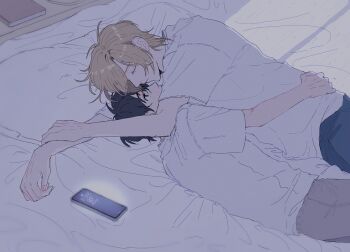 2boys a_co_pi ash_lynx banana_fish bed bed_sheet black_eyes black_hair blonde_hair blue_pants book cellphone closed_eyes cuddling grey_pants looking_at_another lying male_focus multiple_boys okumura_eiji on_bed on_side pants phone pillow shirt short_hair short_sleeves smartphone white_shirt yaoi