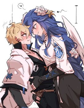 Rule 34 | 1boy, 1girl, assertive female, blonde hair, blue hair, blush, commentary, dizzy (guilty gear), english commentary, eye contact, fingerless gloves, flower, gloves, guilty gear, guilty gear strive, hair flower, hair ornament, highres, hug, husband and wife, ky gwangin, ky kiske, looking at another, queen dizzy, sweatdrop, tail, tall female, wings