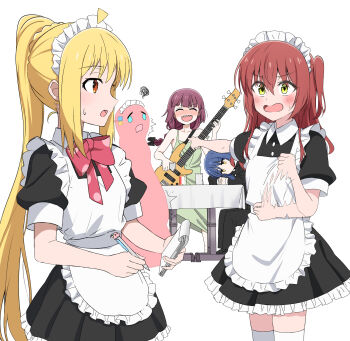 5girls ^_^ absurdres afterimage ahoge apron bass_guitar black_dress blonde_hair blue_eyes blue_hair blush bocchi_the_rock! bow bowtie braid closed_eyes collared_dress commentary_request dot_nose dress empty_eyes frilled_apron frilled_dress frills gotoh_hitori green_dress guitar highres hiroi_kikuri holding holding_guitar holding_instrument holding_notepad holding_pencil ijichi_nijika instrument jitome kita_ikuyo long_hair maid maid_headdress multiple_girls nose_blush notepad one_side_up open_mouth outstretched_arm pencil pointing pointing_at_another polka_dot polka_dot_bow polka_dot_bowtie purple_hair red_bow red_bowtie red_eyes red_hair shaka_(staito0515) sharp_teeth short_hair short_sleeves side_ponytail simple_background single_braid sleeveless sleeveless_dress squiggle standing strap_slip sweatdrop table teeth v-shaped_eyebrows very_long_hair wavy_mouth white_apron white_background yamada_ryo yamaha_trb yellow_eyes