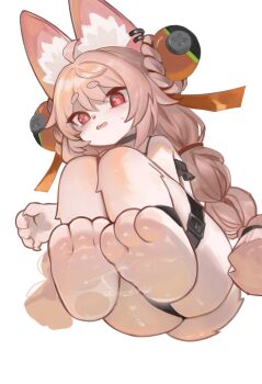 1girl animal_ear_fluff animal_ear_piercing animal_ears animal_feet barefoot belt body_fur braid commentary_request dokomon fang feet foot_focus full_body furry furry_female highres invisible_chair korean_commentary long_hair looking_at_viewer open_mouth pink_fur pink_hair rabbit_ears rabbit_girl rabbit_tail red_eyes sitting solo tail thick_eyebrows thigh_belt thigh_strap toes twin_braids variant_set zenless_zone_zero zhao_(zenless_zone_zero)