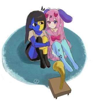 2girls artist_self-insert black_eyes black_hair blue_skin blunt_bangs blunt_ends colored_skin ena_(ena) ena_(series) ena_(species) ena_(web_series) floating_head highres long_hair low_poly multicolored_skin multiple_girls sad_ena shirt short_sleeves simple_background sketch smile split-color_skin two-tone_skin usagimarumei yellow_skin