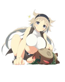 1girl @_@ all_fours belt black_belt black_hairband blush breasts brown_hair brown_shorts brown_vest cape closed_mouth crop_top green_cape grey_eyes hairband huge_breasts ibuki_(senran_kagura) impossible_clothes impossible_shirt leaf leaf_on_head linea_alba long_hair looking_at_viewer low_twintails navel official_art pontarou_(senran_kagura) raccoon senran_kagura senran_kagura_new_wave shiny_skin shirt shoes short_shorts shorts simple_background sleeveless sleeveless_shirt smile sneakers spiral spiral-only_eyes squatting star_(symbol) tanuki twintails vest white_background white_shirt