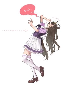 +++ 1girl animal_ears brown_hair brown_shoes chikabe chizu_kabe dotted_line english_text full_body hat heart highres horse_ears horse_girl horse_tail leaning_back long_hair mini_hat mini_top_hat mr._c.b._(umamusume) open_mouth pleated_skirt puffy_short_sleeves puffy_sleeves purple_shirt sailor_collar school_uniform shirt shoes short_sleeves simple_background skirt smile solo speech_bubble standing standing_on_one_leg tail teeth thighhighs top_hat tracen_school_uniform twitter_username umamusume white_background white_skirt white_thighhighs