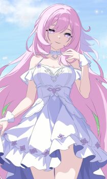 1girl artist_name bare_shoulders blue_sky breasts cleavage commentary diamond-shaped_pupils diamond_(shape) dress elf elysia_(honkai_impact) english_commentary highres honkai_(series) honkai_impact_3rd large_breasts long_hair looking_at_viewer multicolored_hair pink_hair pointy_ears purple_eyes sky smile solo symbol-shaped_pupils thighs two-tone_hair very_long_hair white_dress white_hair xichilie