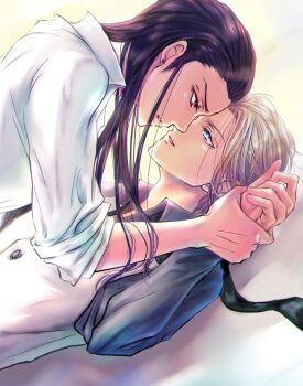 2boys adam's_apple artist_request bindi black_hair blonde_hair blue_eyes collar earrings eyelashes face-to-face final_fantasy final_fantasy_vii formal_clothes highres holding_another's_arm jewelry long_hair looking_at_another lying male_focus multiple_boys necktie parted_lips ponco_pacoooon profile red_eyes rufus_shinra shiny_clothes shiny_skin shirt short_hair sleeves_rolled_up square_enix tseng turks_(ff7) vest white_shirt wing_collar yaoi