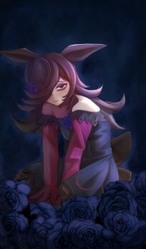 1girl absurdres animal_ears bare_shoulders blue_flower blue_hat blue_rose breasts brown_hair closed_mouth crying dress fascinator flipped_hair flower hair_over_one_eye hat hat_flower highres horse_ears horse_girl horse_tail long_hair long_sleeves looking_at_viewer off-shoulder_dress off_shoulder purple_eyes rice_shower_(rosy_dreams)_(umamusume) rice_shower_(umamusume) rose solo suzuhachi tail tears tilted_headwear umamusume