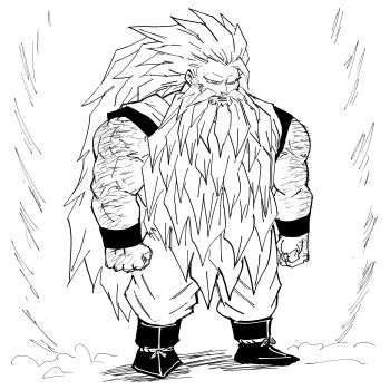 1boy absurdly_long_hair absurdres bb_(baalbuddy) beard dragon_ball dwarf facial_hair full_body greyscale highres long_beard long_hair male_focus monochrome solo son_goku super_saiyan toned toned_male very_long_beard very_long_hair