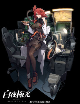 1girl absurdres alchemy_stars algol_(alchemy_stars) black_background breasts brown_pantyhose cabinet chair computer copyright_name cup_ramen dress electric_kettle faux_figurine file_cabinet food full_body glasses highres holding holding_food kettle lab_coat large_breasts leaning_on_table lingxia monitor office_chair official_art pantyhose red_eyes red_hair ribbed_dress shoes solo swivel_chair tentacles thermos