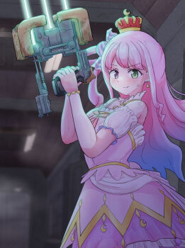 1girl akarhysm bare_shoulders commentary_request crescent crescent_earrings crown dead_space_(series) detached_sleeves dot_nose dress earrings from_side green_eyes hair_ornament heterochromia highres himemori_luna himemori_luna_(1st_costume) holding hololive indoors jewelry juliet_sleeves long_hair long_sleeves looking_at_viewer multicolored_hair pink_dress pink_hair plasma_cutter puffy_sleeves purple_eyes smile solo virtual_youtuber