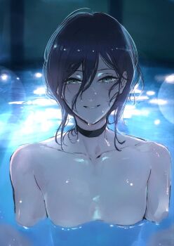 1girl black_choker black_hair breasts chainsaw_man choker green_eyes hair_between_eyes highres looking_at_viewer moku_(muooku) partially_submerged pool reze_(chainsaw_man) small_breasts solo wet wet_hair