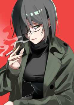 1girl absurdres artistic_error black_shirt breasts cigarette coat glasses green_eyes grey_hair hand_up highres holding holding_cigarette large_breasts long_sleeves looking_at_viewer mole mole_under_eye ontama_(ontama_link1235) original red_background shirt upper_body