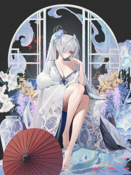 1girl barefoot blue_eyes breasts cinderella_(nikke) cleavage commentary_request feet flower goddess_of_victory:_nikke hair_flower hair_ornament highres japanese_clothes jar kimono large_breasts long_hair looking_at_viewer oil-paper_umbrella solo toes twintails umbrella very_long_hair white_hair white_kimono xi_xeong