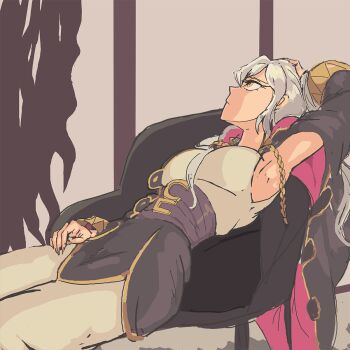 1girl armpits arms_behind_head breasts davewaterfalls dress female_robin_(fire_emblem) fire_emblem fire_emblem_awakening lying nintendo on_back robe short_dress sideboob thighs twintails white_hair yellow_eyes